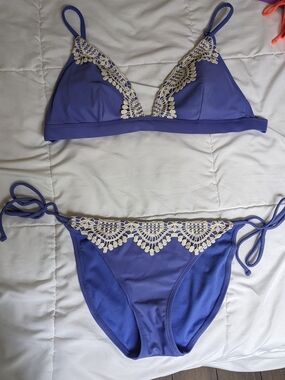 Xhilaration Purple Bikini with Cream Crochet Trim - Tie-Side